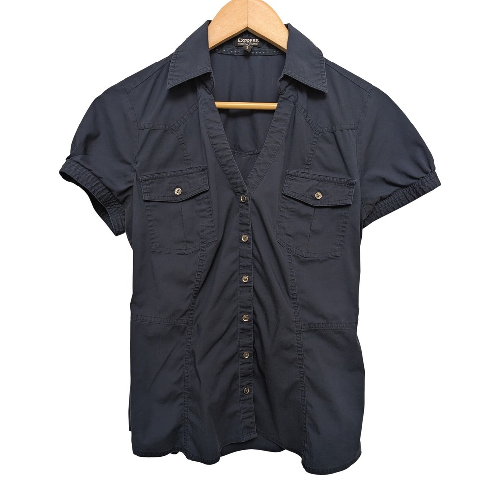 Y2K Express Essential Stretch Short Sleeve Button Down Shirt Academia Grunge